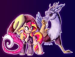 Size: 2987x2244 | Tagged: safe, artist:cihiiro, derpibooru import, discord, sunset shimmer, draconequus, pony, unicorn, annoyed, clothes, crack shipping, female, grin, jacket, leather jacket, male, mare, outline, shipping, straight, suncord, traditional art