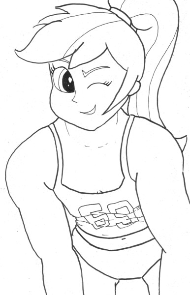 Size: 2068x3217 | Tagged: suggestive, artist:bigmacintosh2000, derpibooru import, rainbow dash, equestria girls, belly button, black and white, breasts, clothes, delicious flat chest, female, grayscale, panties, ponytail, rainbow flat, solo, solo female, tanktop, traditional art, underwear, wink