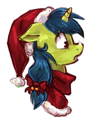 Size: 789x1017 | Tagged: safe, artist:johling, derpibooru import, oc, oc:magical disaster, unofficial characters only, pony, unicorn, bow, bust, cute, hair bow, hat, profile, santa hat, simple background, snow, snow on nose, surprised, transparent background