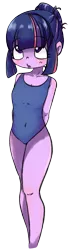 Size: 659x2368 | Tagged: suggestive, artist:yukandasama, derpibooru import, twilight sparkle, equestria girls, alternate hairstyle, breasts, clothes, delicious flat chest, one-piece swimsuit, solo, sukumizu, swimsuit, younger
