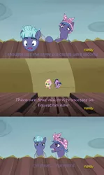 Size: 640x1074 | Tagged: safe, derpibooru import, screencap, fluttershy, rosy riveter, steel bolts, twilight sparkle, twilight sparkle (alicorn), alicorn, pony, the hooffields and mccolts, caption, discovery family logo, female, mare, mccolt family, mormons, religion, screencap comic