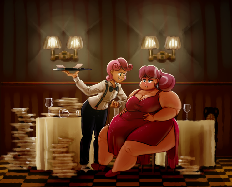 Size: 1280x1035 | Tagged: artist:secretgoombaman12345, bloated, breasts, busty diamond tiara, chubby diamond, cleavage, derpibooru import, diamond thighara, diamond tiara, diner, fat, female, human, humanized, obese, plate, plates, restaurant, sitting, stuffed, suggestive, sweetie belle, thunder thighs, waiter, waitress, wide hips