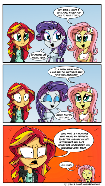 Size: 800x1417 | Tagged: safe, artist:daniel-sg, derpibooru import, fluttershy, rarity, sunset shimmer, equestria girls, clothes, comic, joke, offended, offensive, racism, tanktop, why the long face