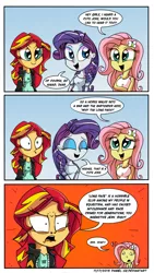 Size: 800x1417 | Tagged: safe, artist:daniel-sg, derpibooru import, fluttershy, rarity, sunset shimmer, equestria girls, clothes, comic, joke, offended, offensive, racism, tanktop, why the long face