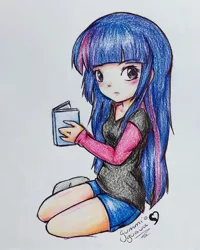 Size: 987x1234 | Tagged: safe, artist:gummigator, derpibooru import, twilight sparkle, equestria girls, blushing, book, chibi, cute, drawing, humanized, looking at you, solo, traditional art, twiabetes