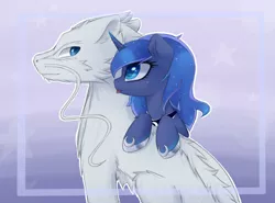 Size: 1600x1185 | Tagged: safe, artist:magnaluna, derpibooru import, princess luna, oc, oc:zefiroth, dragon, canon x oc, shipping, tongue out