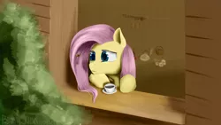 Size: 1920x1080 | Tagged: artist:bronyjunk, bee, derpibooru import, flower, fluttershy, food, safe, solo, tea, teapot, window