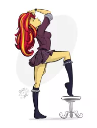 Size: 1824x2400 | Tagged: suggestive, artist:ponut_joe, derpibooru import, sunset shimmer, equestria girls, beautiful, clothes, crystal prep academy uniform, eyes closed, female, kneesocks, missing shoes, panties, raised leg, school uniform, sexy, skirt, smiling, socks, solo, solo female, stool, stupid sexy sunset shimmer, underwear, upskirt, watch, white underwear, wristwatch