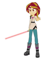 Size: 1643x2000 | Tagged: safe, artist:amante56, derpibooru import, sunset shimmer, equestria girls, boots, clothes, crossover, dark side, disney, evil, jedi, lightsaber, lucasfilm, red eyes, sith, solo, star wars, weapon