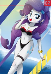 Size: 739x1055 | Tagged: suggestive, artist:the-butch-x, derpibooru import, rarity, equestria girls, adorasexy, bandeau, bangles, beach, beach babe, belly button, bicolor swimsuit, bikini, bikini babe, black swimsuit, bracelet, breasts, busty rarity, cleavage, clothes, cute, cutie mark, cutie mark on equestria girl, female, garter, jeweled swimsuit, jewelry, lidded eyes, looking at you, necklace, ocean, open mouth, raribetes, sexy, smiling, solo, solo female, swimsuit, water, x summer, x summer rework