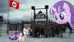 Size: 1920x1080 | Tagged: safe, artist:stiefelss, derpibooru import, rarity, starlight glimmer, twilight sparkle, twilight sparkle (alicorn), alicorn, pony, barbed wire, communism, concentration camp, female, gulag, irl, mare, photo, ponies in real life, russia, stalin glimmer