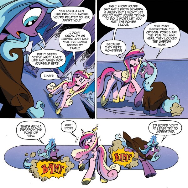 Size: 1372x1372 | Tagged: safe, artist:andypriceart, derpibooru import, idw, princess cadance, radiant hope, alicorn, pony, unicorn, siege of the crystal empire, spoiler:comic, spoiler:comic36, bamf, cloak, clothes, comic, female, magic, mare, official comic, teleport spam, teleportation