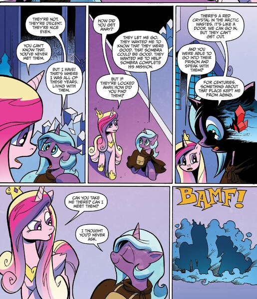 Size: 1391x1622 | Tagged: safe, artist:andypriceart, derpibooru import, idw, princess cadance, radiant hope, alicorn, crystal pony, pony, unicorn, siege of the crystal empire, spoiler:comic, spoiler:comic36, cloak, clothes, comic, female, magic, mare, official comic, teleportation