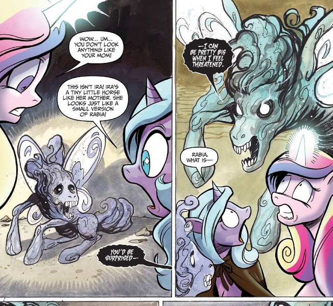 Size: 1370x1261 | Tagged: safe, artist:andypriceart, derpibooru import, idw, ira, princess cadance, rabia, radiant hope, pony, umbrum, siege of the crystal empire, spoiler:comic, spoiler:comic36, female, mare, nightmare fuel, true form, you know for kids