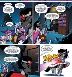 Size: 1394x1486 | Tagged: safe, artist:andypriceart, derpibooru import, idw, king sombra, princess cadance, radiant hope, alicorn, pony, unicorn, siege of the crystal empire, spoiler:comic, spoiler:comic36, blast, bookcase, cape, cloak, clothes, comic, female, magic, magic beam, magic blast, male, mare, official comic, stallion