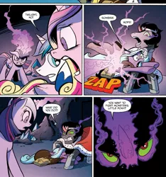 Size: 1379x1471 | Tagged: safe, artist:andypriceart, derpibooru import, idw, king sombra, princess cadance, radiant hope, shining armor, twilight sparkle, twilight sparkle (alicorn), alicorn, pony, unicorn, siege of the crystal empire, spoiler:comic, spoiler:comic36, cape, cloak, clothes, comic, female, magic, magic blast, male, mare, official comic, stallion, you dun goofed