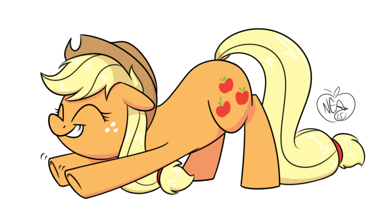 Size: 1280x711 | Tagged: applejack, artist:notenoughapples, derpibooru import, safe, simple background, solo, stretching, transparent background