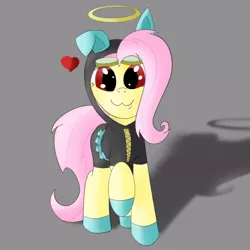 Size: 894x894 | Tagged: safe, artist:kickassking, derpibooru import, fluttershy, bat pony, pony, bunny ears, clothes, costume, cute, cute little fangs, dangerous mission outfit, fangs, flutterbat, goggles, halo, heart, hoodie, solo, stealth suit, suit, wingless