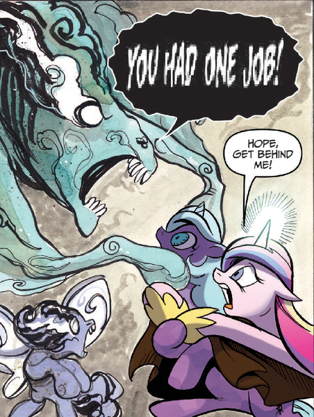 Size: 663x881 | Tagged: safe, artist:andypriceart, derpibooru import, edit, idw, ira, princess cadance, rabia, radiant hope, pony, umbrum, unicorn, siege of the crystal empire, spoiler:comic, spoiler:comic36, art, cloak, clothes, comic, female, glowing horn, mare, official comic, you had one job, you know for kids