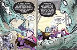 Size: 1400x911 | Tagged: safe, artist:andypriceart, derpibooru import, idw, ira, princess cadance, rabia, radiant hope, alicorn, pony, umbrum, unicorn, siege of the crystal empire, spoiler:comic, spoiler:comic36, cloak, clothes, comic, female, glowing horn, love magic, magic, mare, nightmare fuel, official comic, saddle bag, you know for kids