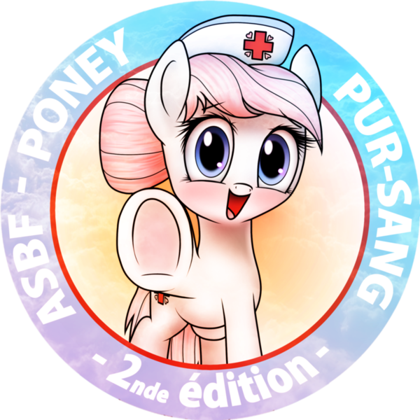 Size: 894x894 | Tagged: safe, artist:finalaspex, derpibooru import, nurse redheart, earth pony, pony, asbf, badge, blood donation, blushing, cute, female, french, heartabetes, hoofbump, looking at you, mare, nurse, open mouth, smiling, solo, underhoof