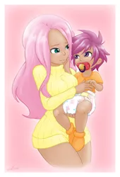 Size: 788x1156 | Tagged: artist:the-padded-room, baby, baby scootaloo, clothes, cute, cutealoo, daaaaaaaaaaaw, derpibooru import, diaper, fluttermom, fluttershy, human, humanized, pacifier, poofy diaper, safe, scootaloo, sweater, sweater dress, sweatershy, turtleneck, younger