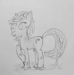 Size: 1763x1790 | Tagged: safe, artist:vithepony, derpibooru import, oc, unofficial characters only, goo pony, original species, pony, unicorn, monochrome, pencil drawing, side view, sketch, solo, traditional art