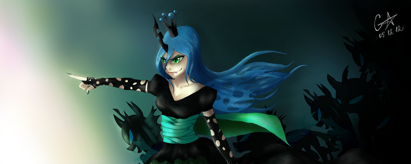 Size: 2000x800 | Tagged: artist:geiyin, changeling, clothes, derpibooru import, fangs, horned humanization, human, humanized, queen chrysalis, safe, winged humanization