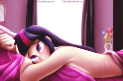 Size: 1773x1180 | Tagged: suggestive, artist:pshyzomancer, derpibooru import, twilight sparkle, human, equestria girls, armpits, bed, bedroom eyes, breasts, casual nudity, clothes, female, humanized, loose hair, meme, nudity, prone, ribs, smiling, solo, solo female, topless, tulip, what do