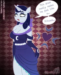 Size: 900x1098 | Tagged: safe, artist:kevinsano, artist:kirrol, derpibooru import, edit, moonlight raven, anthro, canterlot boutique, busty moonlight raven, cleavage, clothes, colored, dialogue, dress, evening gloves, female, gloves, necklace, over the moon, side slit, solo