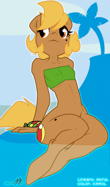 Size: 900x1536 | Tagged: suggestive, artist:atryl, artist:kirrol, derpibooru import, edit, oc, oc:beach ball, unofficial characters only, anthro, unguligrade anthro, anthro oc, bandeau, belly button, bikini, bottomless, breasts, clothes, delicious flat chest, female, solo, solo female, swimsuit, wristband