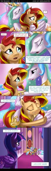 Size: 600x2000 | Tagged: safe, artist:imdrunkontea, derpibooru import, princess celestia, sunset shimmer, twilight sparkle, twilight sparkle (alicorn), alicorn, pony, comic:the reunion, begging, comic, crying, female, forgiveness, heartwarming in hindsight, hug, mare, reunion, the prodigal sunset