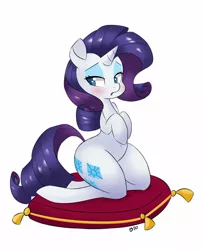 Size: 1280x1581 | Tagged: safe, artist:hidden-cat, derpibooru import, rarity, pony, unicorn, belly button, blushing, female, mare, open mouth, pillow, rarihips, simple background, solo, white background, wide hips