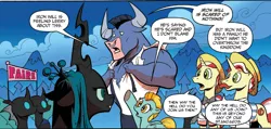 Size: 1400x664 | Tagged: safe, derpibooru import, edit, idw, flam, flim, iron will, lightning dust, queen chrysalis, changeling, changeling queen, minotaur, pegasus, pony, unicorn, siege of the crystal empire, spoiler:comic, spoiler:comic36, female, flim flam brothers, male, mare, official comic, psyga's alternate pony scenes, speech bubble, stallion
