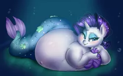 Size: 1250x768 | Tagged: suggestive, artist:ming3, artist:sirmasterdufel, derpibooru import, rarity, mermaid, belly, belly button, chubby, clothes, costume, fat, female, halloween, manatee, mermarity, obese, raritubby, solo, solo female
