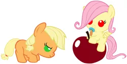 Size: 1996x1017 | Tagged: safe, artist:red4567, derpibooru import, applejack, fluttershy, bat pony, pony, apple, baby, baby pony, babybat, babyjack, babyshy, cute, flutterbat, foal, food, jackabetes, pacifier, ponies riding food, recolor, red4567 is trying to murder us, riding, shyabates, shyabetes