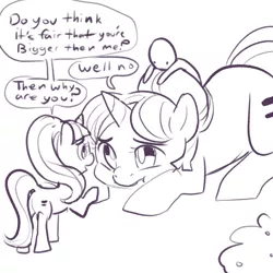 Size: 1000x1000 | Tagged: safe, artist:mt, derpibooru import, starlight glimmer, sugar belle, oc, oc:anon, human, pony, :t, dialogue, equalized, eye contact, giant pony, humans riding ponies, macro, monochrome, open mouth, prone, sad, size difference, sketch, smiling, this will end in equalization