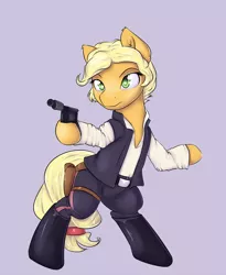 Size: 1350x1650 | Tagged: safe, artist:alasou, deleted from derpibooru, derpibooru import, applejack, pony, alternate hairstyle, bipedal, clothes, cosplay, costume, disney, gun, han solo, hoof hold, lucasfilm, modified dl44 heavy blaster, patreon, patreon logo, solo, star wars, weapon