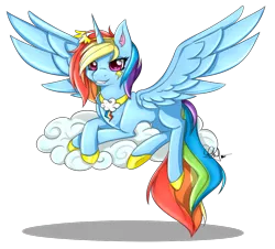 Size: 1000x902 | Tagged: safe, artist:pillonchou, derpibooru import, rainbow dash, alicorn, pony, alicorn princess, alicornified, alternate hairstyle, cloud, element of loyalty, prone, race swap, rainbowcorn, signature, simple background, smiling, solo, spread wings, transparent background