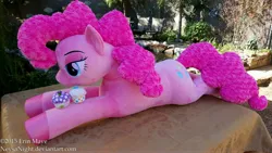 Size: 5312x2988 | Tagged: artist:neysanight, cupcake, derpibooru import, female, food, irl, life size, photo, pinkie pie, plushie, prone, safe, solo