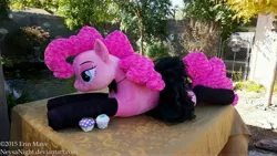 Size: 5312x2988 | Tagged: artist:neysanight, clothes, cupcake, derpibooru import, female, food, irl, life size, photo, pinkie pie, plushie, prone, safe, solo, stockings, tutu