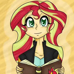 Size: 3000x3000 | Tagged: safe, artist:katkakakao, derpibooru import, sunset shimmer, equestria girls, book, clothes, cute, journal, leather jacket, looking at you, shimmerbetes, solo