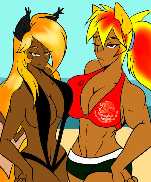 Size: 1280x1549 | Tagged: suggestive, artist:burningsnowflakeproductions, derpibooru import, oc, oc:red fire, oc:regina liliac, unofficial characters only, bat pony, eagle, human, abs, absolute cleavage, beach, bedroom eyes, big breasts, bikini, breasts, breast squeeze, cleavage, clothes, eared humanization, fangs, female, females only, hairband, humanized, humanized oc, long hair, mexico, muscles, red eyes, royalty, scar, sling bikini, slit eyes, smiling, swimsuit, winged humanization, yellow eyes