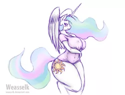 Size: 1000x759 | Tagged: alicorn, anthro, artist:weasselk, bedroom eyes, big breasts, blushing, breasts, busty princess celestia, clothes, derpibooru import, doodle, female, looking at you, princess celestia, simple background, smiling, solo, suggestive, sunbutt, tight clothing, t-shirt, unguligrade anthro, white background, wide hips
