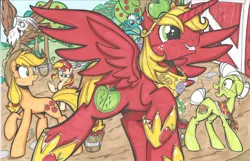 Size: 1024x661 | Tagged: safe, artist:ponygoddess, derpibooru import, applejack, big macintosh, gilda, granny smith, sunset shimmer, alicorn, gryphon, pony, alicornified, apple, best princess, crossover, littlest pet shop, princess big mac, race swap, spread wings, sunil nevla, sweet apple acres