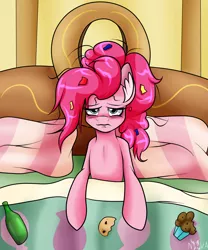 Size: 1500x1800 | Tagged: 30 minute art challenge, artist:novaspark, bed, bed hair, bed mane, bottle, confetti, cookie, derpibooru import, drunk, drunkie pie, food, hangover, morning after, morning ponies, muffin, pinkie pie, safe, solo, tired