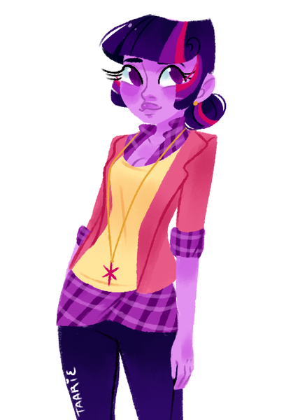 Size: 487x714 | Tagged: alternate hairstyle, artist:endarie, cutie mark necklace, derpibooru import, flannel, human, humanized, jewelry, lineless, necklace, pony coloring, safe, simple background, solo, twilight sparkle, white background