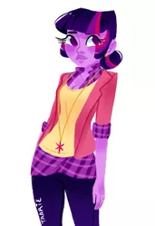 Size: 487x714 | Tagged: alternate hairstyle, artist:endarie, cutie mark necklace, derpibooru import, flannel, human, humanized, jewelry, lineless, necklace, pony coloring, safe, simple background, solo, twilight sparkle, white background
