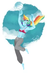 Size: 801x1179 | Tagged: safe, artist:endarie, derpibooru import, rainbow dash, human, armpits, belly button, bikini top, clothes, humanized, jumping, lineless, midriff, pony coloring, solo, sports bra, sweatpants, tongue out, volleyball