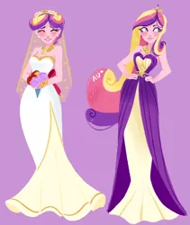 Size: 748x886 | Tagged: a canterlot wedding, alternate hairstyle, artist:endarie, bouquet, clothes, derpibooru import, dress, earring, eyes closed, fake cadance, flower, gown, hand on hip, human, humanized, lineless, piercing, princess cadance, queen chrysalis, safe, simple background, solo, wedding dress